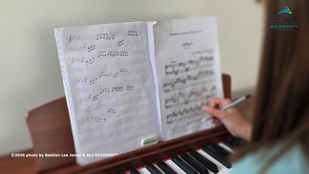 Unterrichtssituation in der BLJ Academy mit Klavier und Musiktheorie - hier Noten schreiben.
