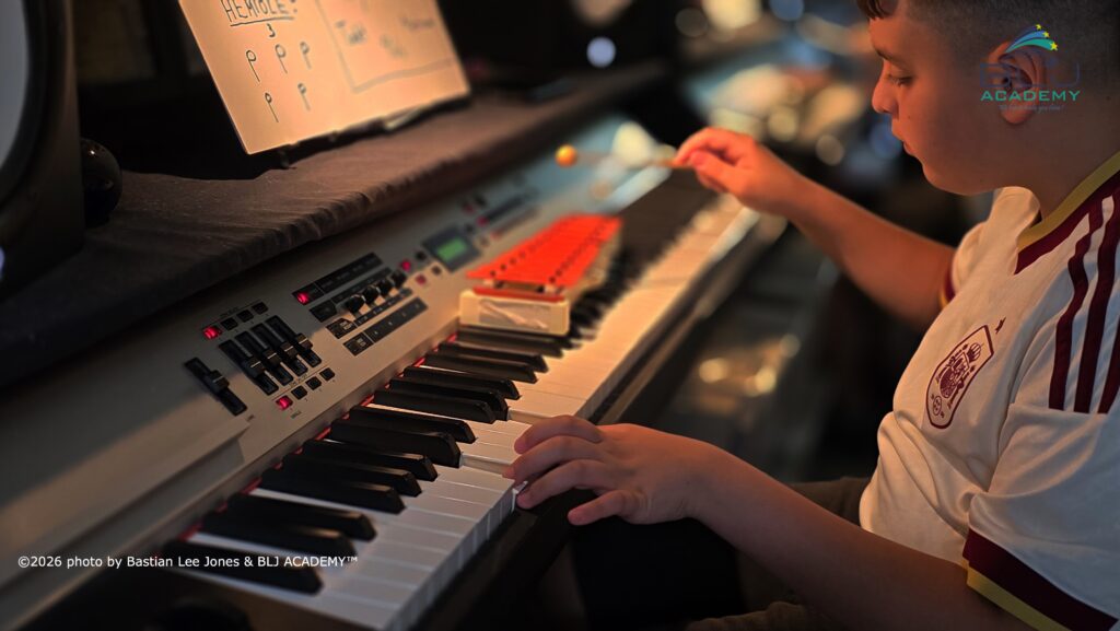 Einblick in eine ruhige und konzentrierte Unterrichtssituation der BLJ Academy. Rhythmuslehre mit Glockenspiel am Klavier