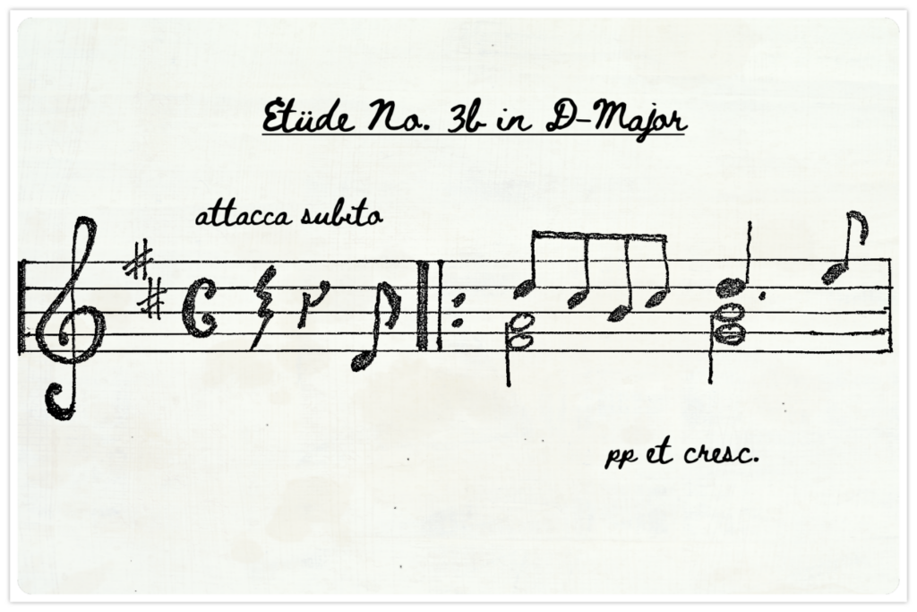 Handgezeichnetes musikalisches Auftaktzeichen mit Notenschlüssel, Takt und Akkord.
